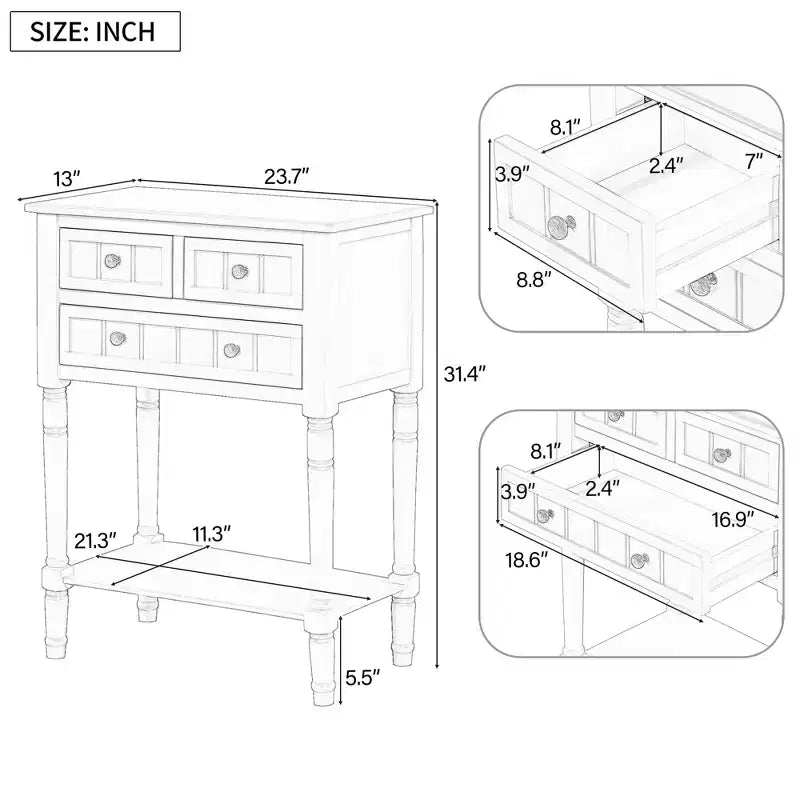Table d'appoint en bois massif avec tiroirs de rangement et étagère inférieure