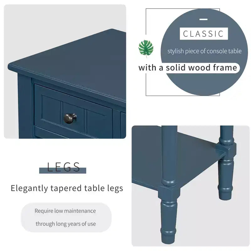 Table d'appoint en bois massif avec tiroirs de rangement et étagère inférieure