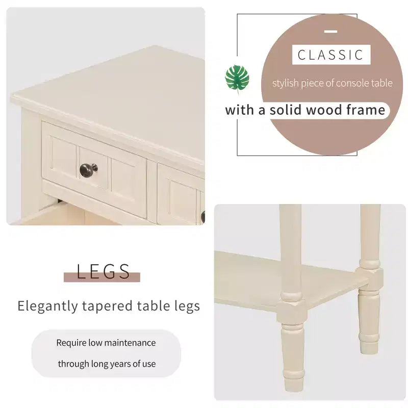 Table d'appoint en bois massif avec tiroirs de rangement et étagère inférieure