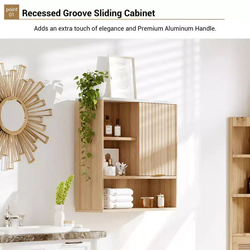 Étagère murale à niveaux, meuble mural de salle de bain moderne avec porte coulissante et étagères réglables, meuble de rangement mural flottant peu encombrant pour cuisine