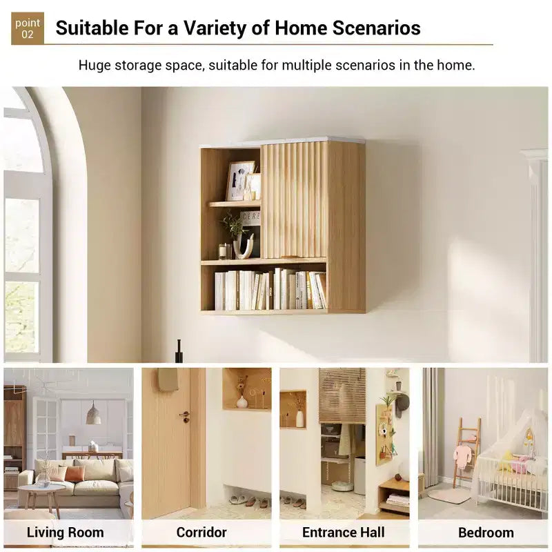 Étagère murale à niveaux, meuble mural de salle de bain moderne avec porte coulissante et étagères réglables, meuble de rangement mural flottant peu encombrant pour cuisine