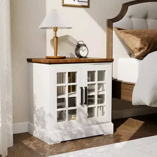 Table d'appoint moderne 24, table de chevet de chambre à coucher en bois avec porte en verre, table d'appoint de canapé avec étagère réglable, table de chevet étroite pour petit espace