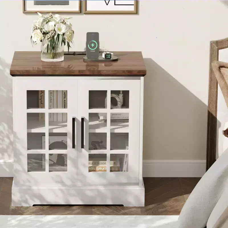 Table d'appoint moderne 24, table de chevet de chambre à coucher en bois avec porte en verre, table d'appoint de canapé avec étagère réglable, table de chevet étroite pour petit espace