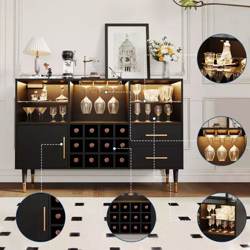 47 po Armoire Meuble Bar à Vin, Buffet de Cuisine Moderne en Bois avec Rangement à Bouteilles et Casier à Vin pour Salon