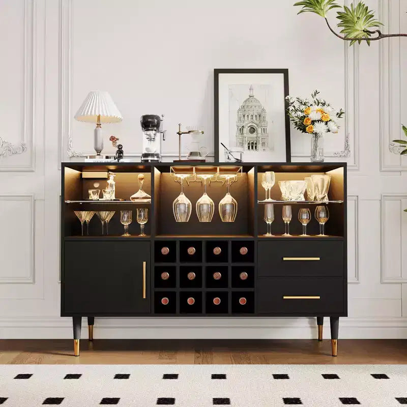 47 po Armoire Meuble Bar à Vin, Buffet de Cuisine Moderne en Bois avec Rangement à Bouteilles et Casier à Vin pour Salon