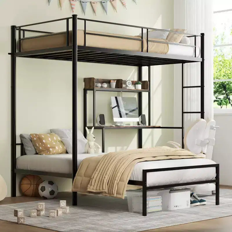 Lit superposé en métal en forme de L avec bureau, station de recharge, étagères de rangement, bibliothèque et barrières de sécurité, noir