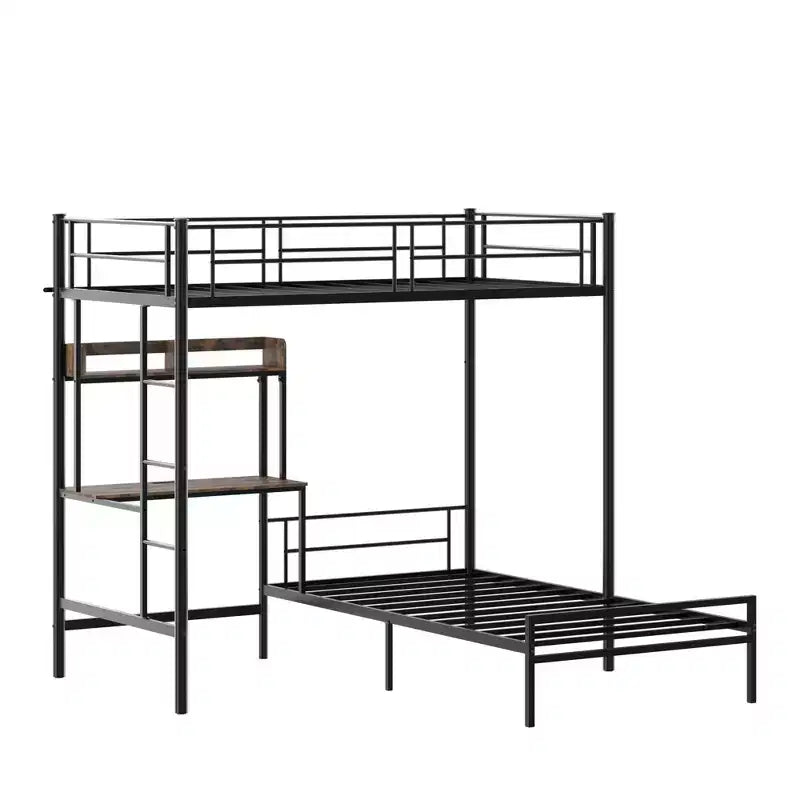 Lit superposé en métal en forme de L avec bureau, station de recharge, étagères de rangement, bibliothèque et barrières de sécurité, noir