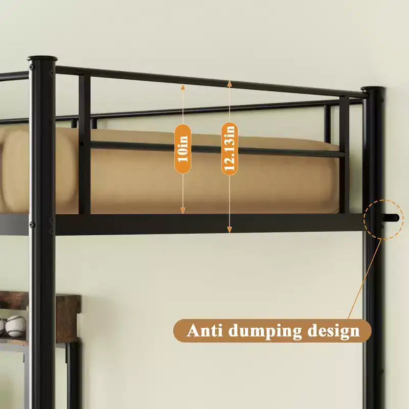 Lit superposé en métal en forme de L avec bureau, station de recharge, étagères de rangement, bibliothèque et barrières de sécurité, noir