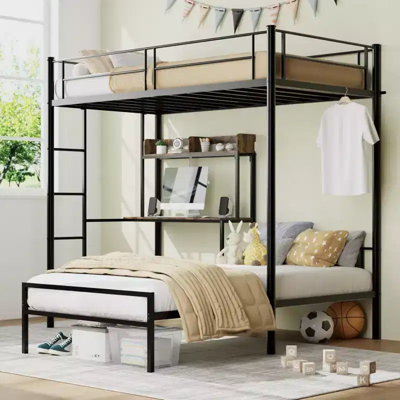 Lit superposé en métal en forme de L avec bureau, station de recharge, étagères de rangement, bibliothèque et barrières de sécurité, noir