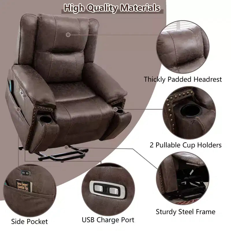 Fauteuil inclinable massant et releveur avec chauffage et vibrations, fauteuil inclinable rembourré avec porte-gobelet, pochette de rangement, port USB pour salon