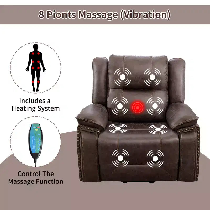 Fauteuil inclinable massant et releveur avec chauffage et vibrations, fauteuil inclinable rembourré avec porte-gobelet, pochette de rangement, port USB pour salon