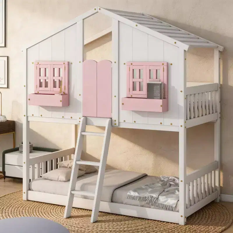 Lit superposé maison jumeau sur jumeau avec toit et fenêtre, conception de sécurité basse hauteur