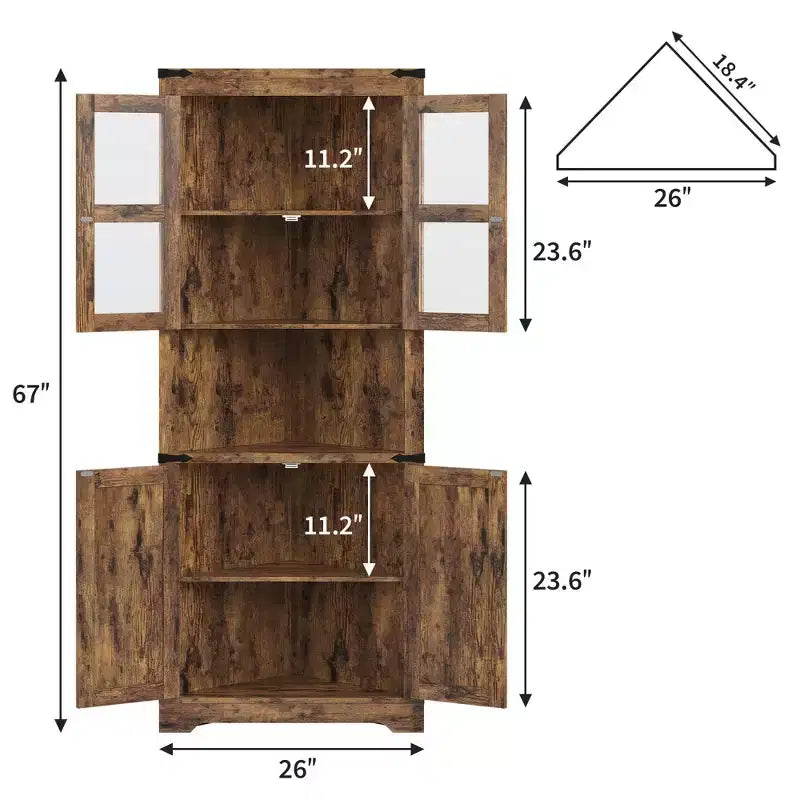 Meuble de rangement d'angle haut de 66,9 po style ferme, avec porte en verre et étagères réglables, parfait pour le salon, la cuisine et la salle de bain
