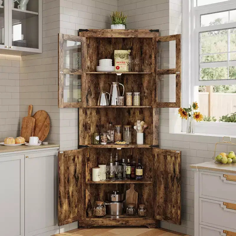Meuble de rangement d'angle haut de 66,9 po style ferme, avec porte en verre et étagères réglables, parfait pour le salon, la cuisine et la salle de bain