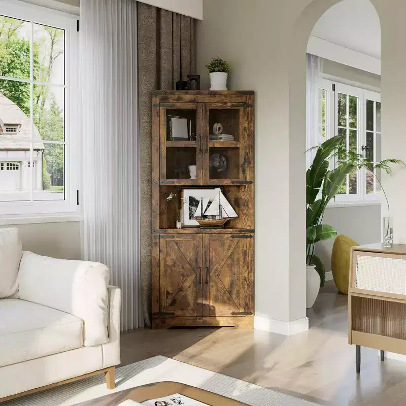 Meuble de rangement d'angle haut de 66,9 po style ferme, avec porte en verre et étagères réglables, parfait pour le salon, la cuisine et la salle de bain