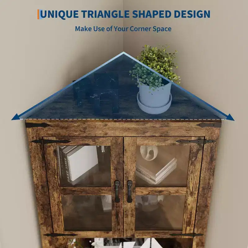 Meuble de rangement d'angle haut de 66,9 po style ferme, avec porte en verre et étagères réglables, parfait pour le salon, la cuisine et la salle de bain