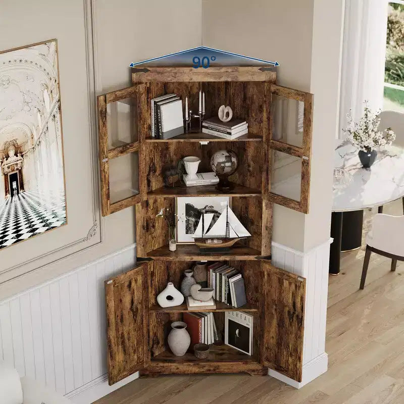 Meuble de rangement d'angle haut de 66,9 po style ferme, avec porte en verre et étagères réglables, parfait pour le salon, la cuisine et la salle de bain