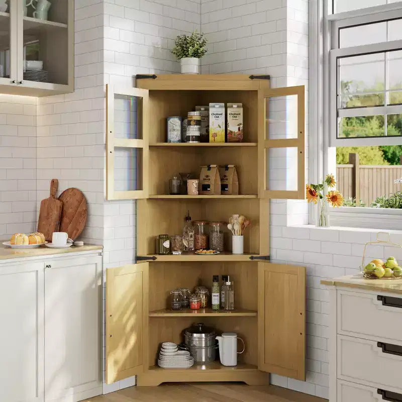 Meuble de rangement d'angle haut de 66,9 po style ferme, avec porte en verre et étagères réglables, parfait pour le salon, la cuisine et la salle de bain