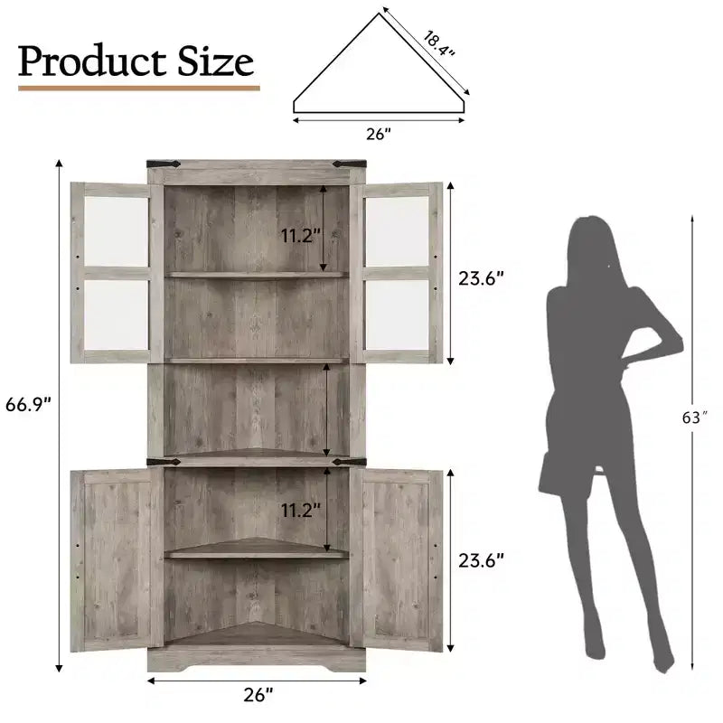 Meuble de rangement d'angle haut de 66,9 po style ferme, avec porte en verre et étagères réglables, parfait pour le salon, la cuisine et la salle de bain