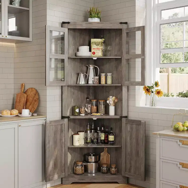 Meuble de rangement d'angle haut de 66,9 po style ferme, avec porte en verre et étagères réglables, parfait pour le salon, la cuisine et la salle de bain