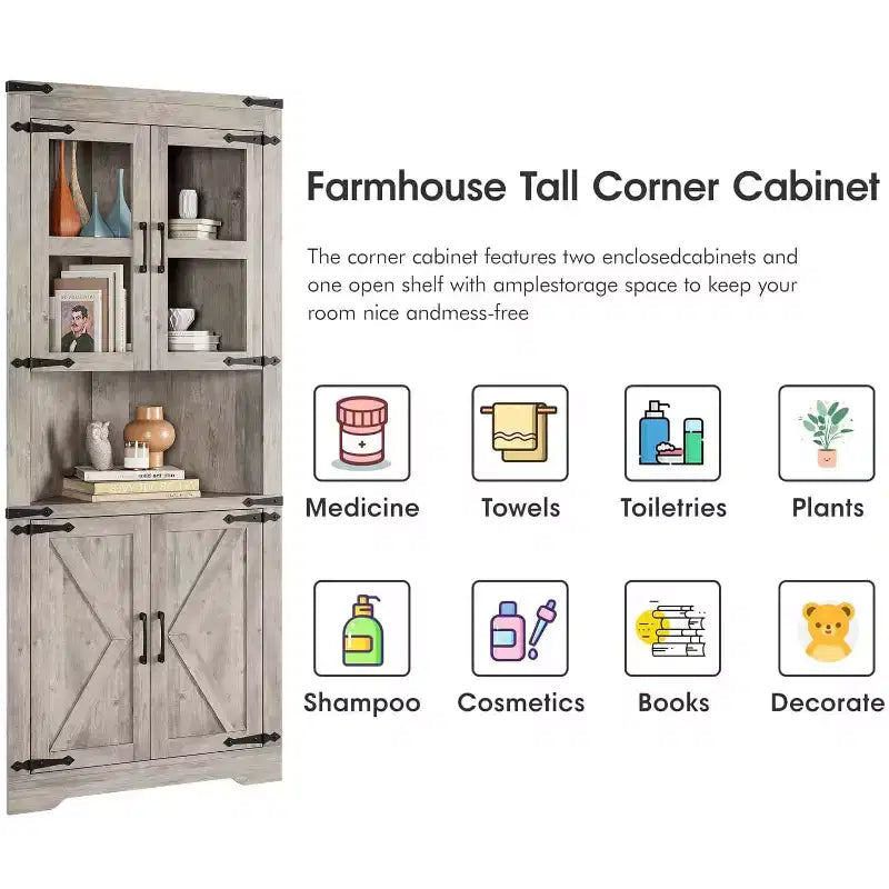 Meuble de rangement d'angle haut de 66,9 po style ferme, avec porte en verre et étagères réglables, parfait pour le salon, la cuisine et la salle de bain