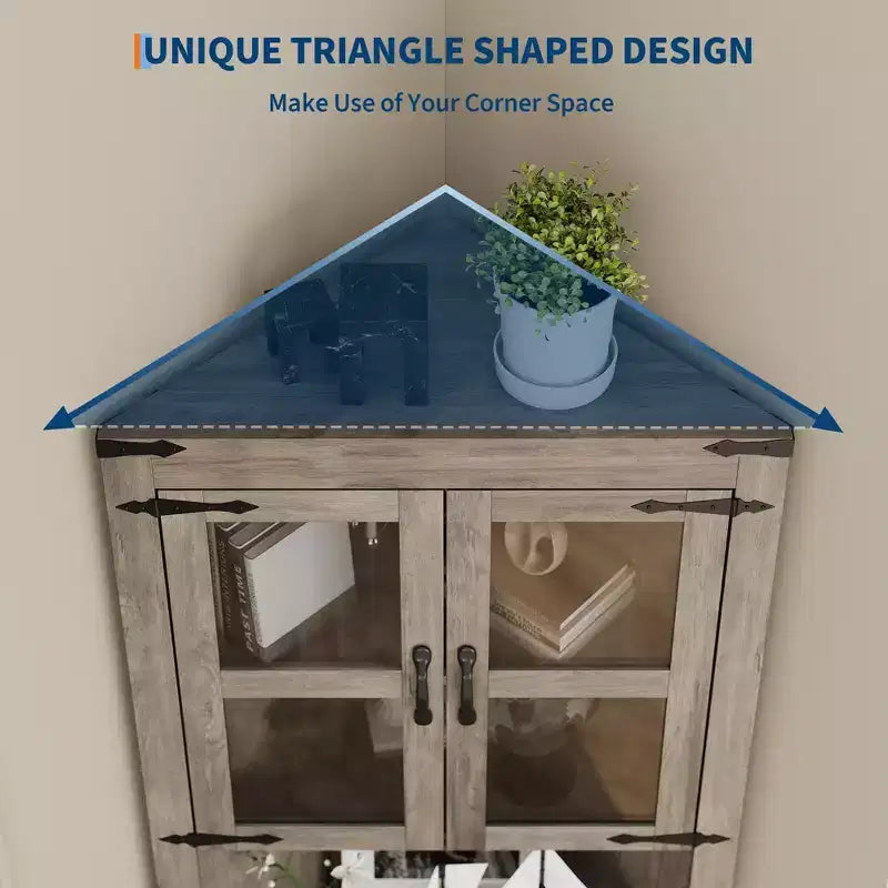 Meuble de rangement d'angle haut de 66,9 po style ferme, avec porte en verre et étagères réglables, parfait pour le salon, la cuisine et la salle de bain