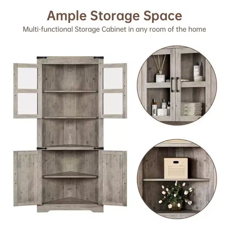 Meuble de rangement d'angle haut de 66,9 po style ferme, avec porte en verre et étagères réglables, parfait pour le salon, la cuisine et la salle de bain