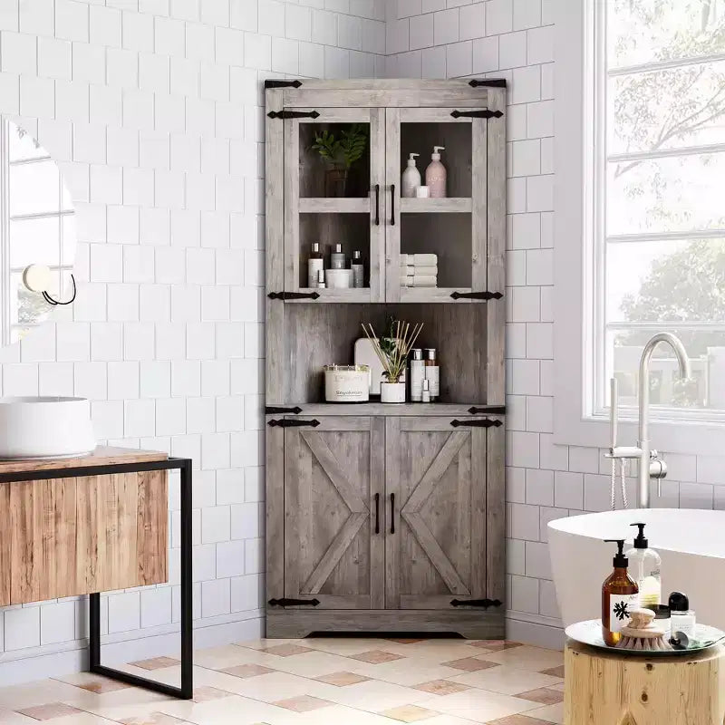 Meuble de rangement d'angle haut de 66,9 po style ferme, avec porte en verre et étagères réglables, parfait pour le salon, la cuisine et la salle de bain