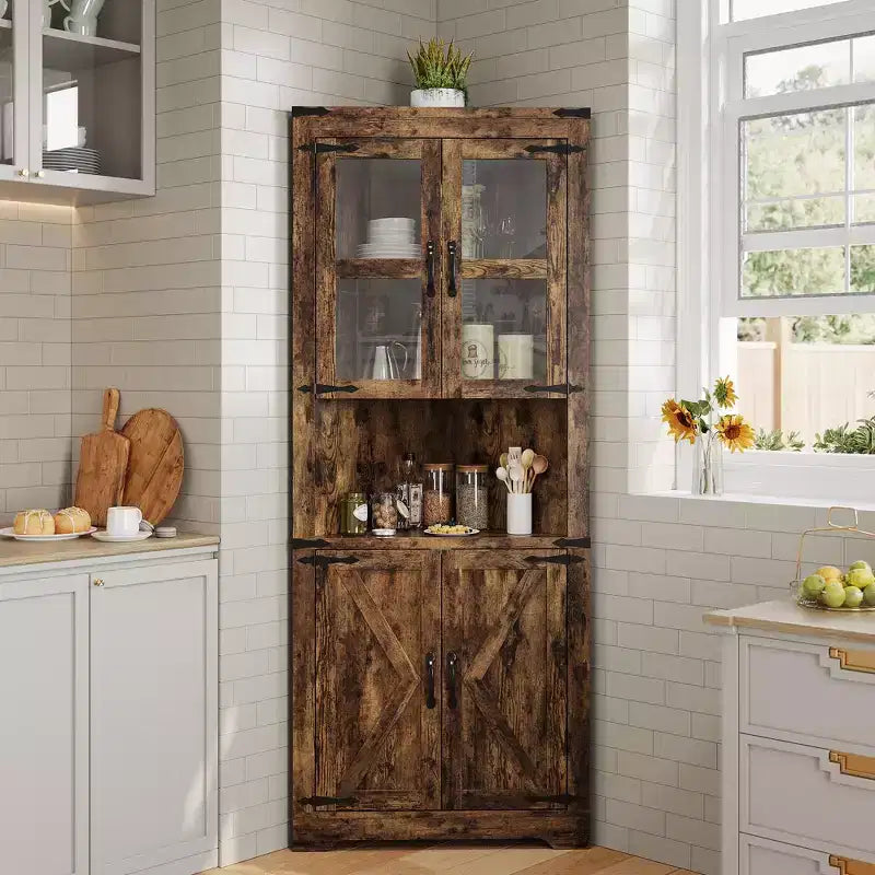 Meuble de rangement d'angle haut de 66,9 po style ferme, avec porte en verre et étagères réglables, parfait pour le salon, la cuisine et la salle de bain