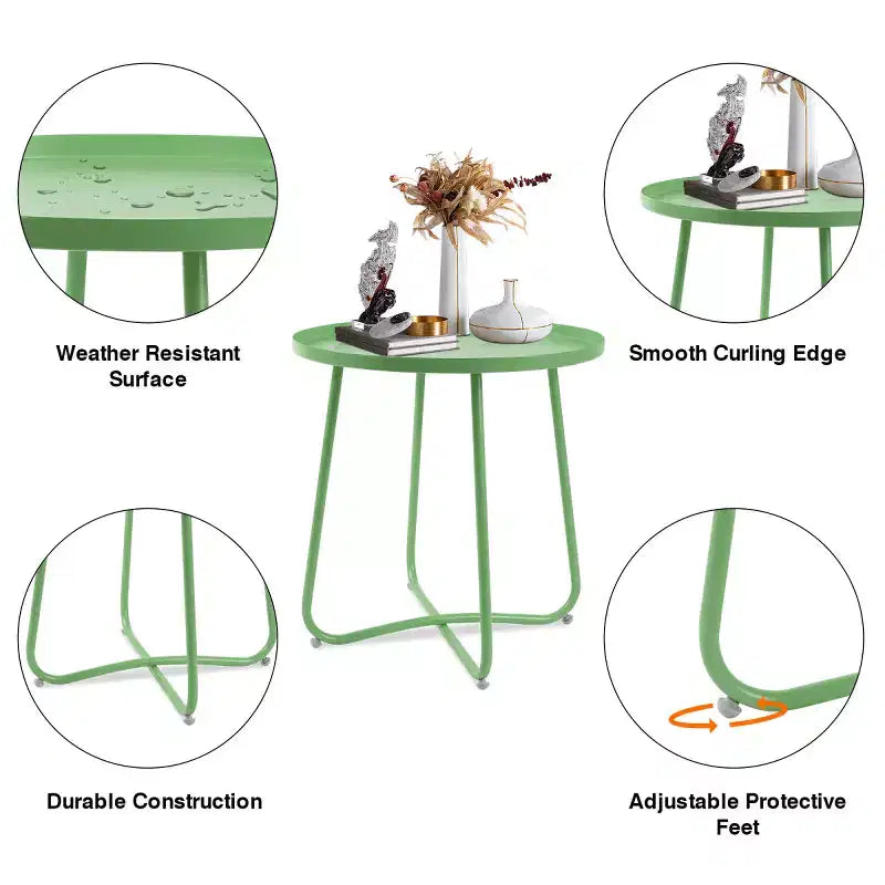 Petite Table d'appoint Extérieure Ronde en Métal Résistante aux Intempéries pour Patio, Jardin, Cour, Porche et Balcon, Verte