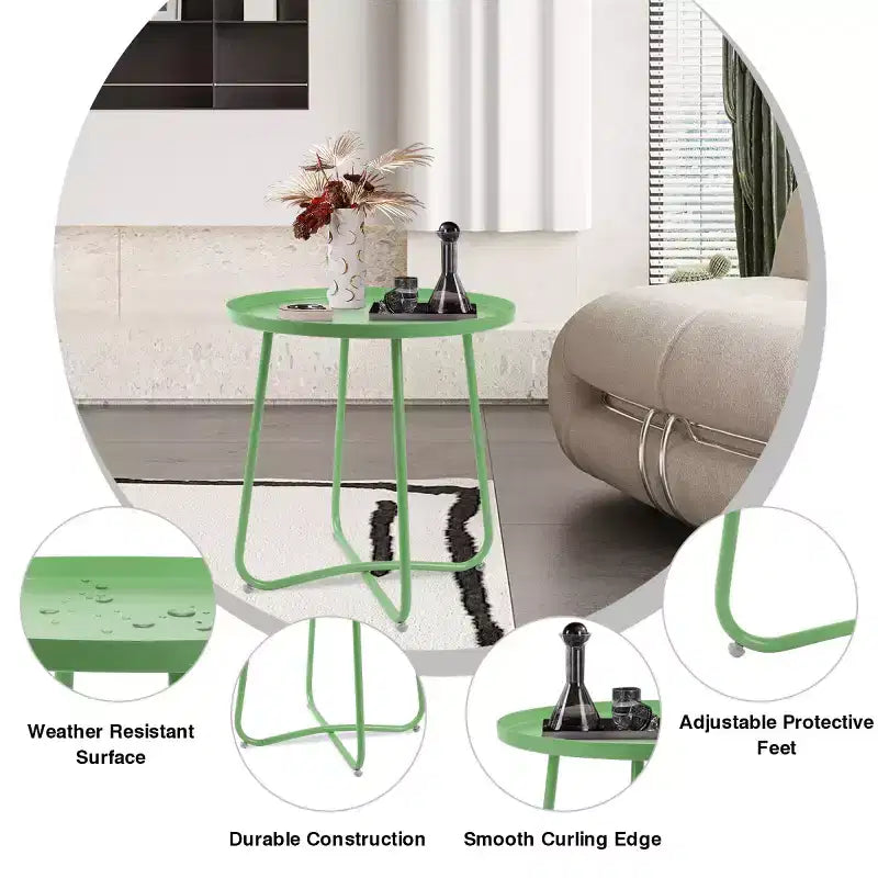 Petite Table d'appoint Extérieure Ronde en Métal Résistante aux Intempéries pour Patio, Jardin, Cour, Porche et Balcon, Verte