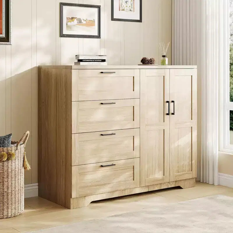 Armoire basse penderie de 43,3 po avec tringle de suspension et 4 tiroirs de rangement, organisateur de placard en bois autoportant à 2 portes pour chambre à coucher