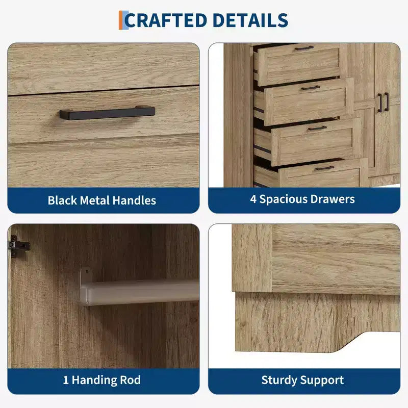 Armoire basse penderie de 43,3 po avec tringle de suspension et 4 tiroirs de rangement, organisateur de placard en bois autoportant à 2 portes pour chambre à coucher
