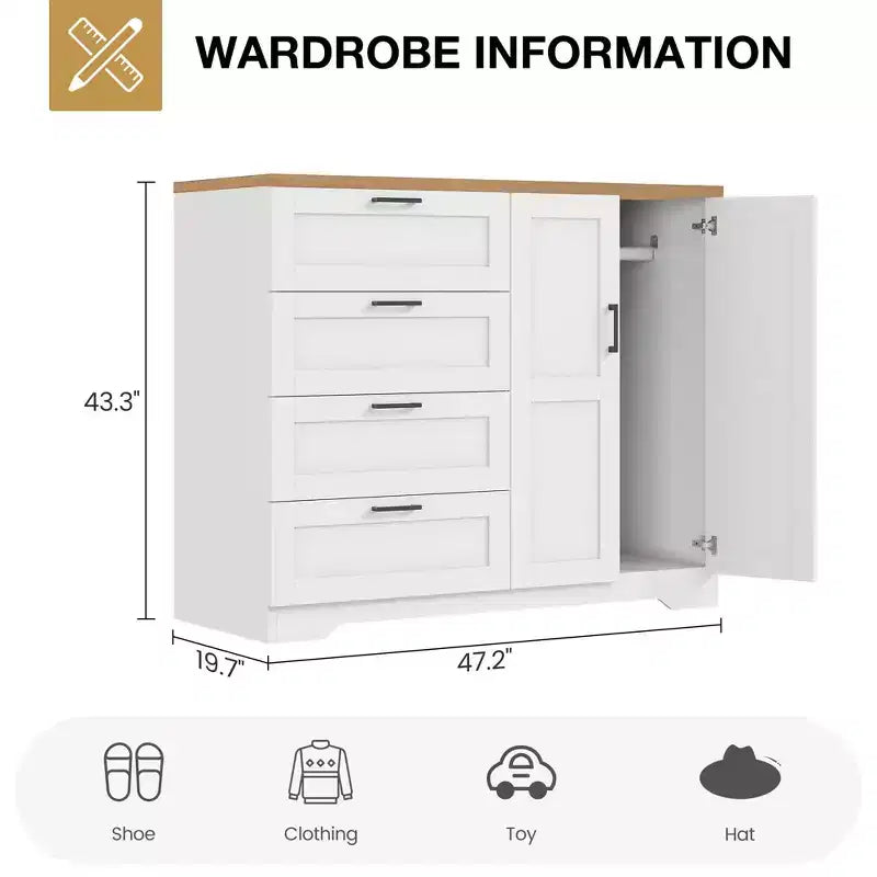 Armoire basse penderie de 43,3 po avec tringle de suspension et 4 tiroirs de rangement, organisateur de placard en bois autoportant à 2 portes pour chambre à coucher