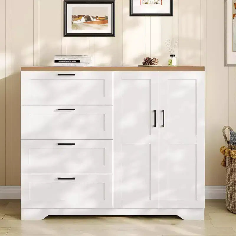 Armoire basse penderie de 43,3 po avec tringle de suspension et 4 tiroirs de rangement, organisateur de placard en bois autoportant à 2 portes pour chambre à coucher