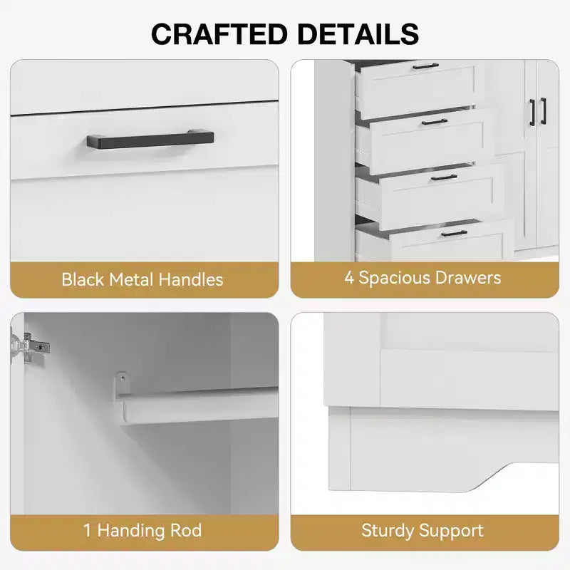 Armoire basse penderie de 43,3 po avec tringle de suspension et 4 tiroirs de rangement, organisateur de placard en bois autoportant à 2 portes pour chambre à coucher