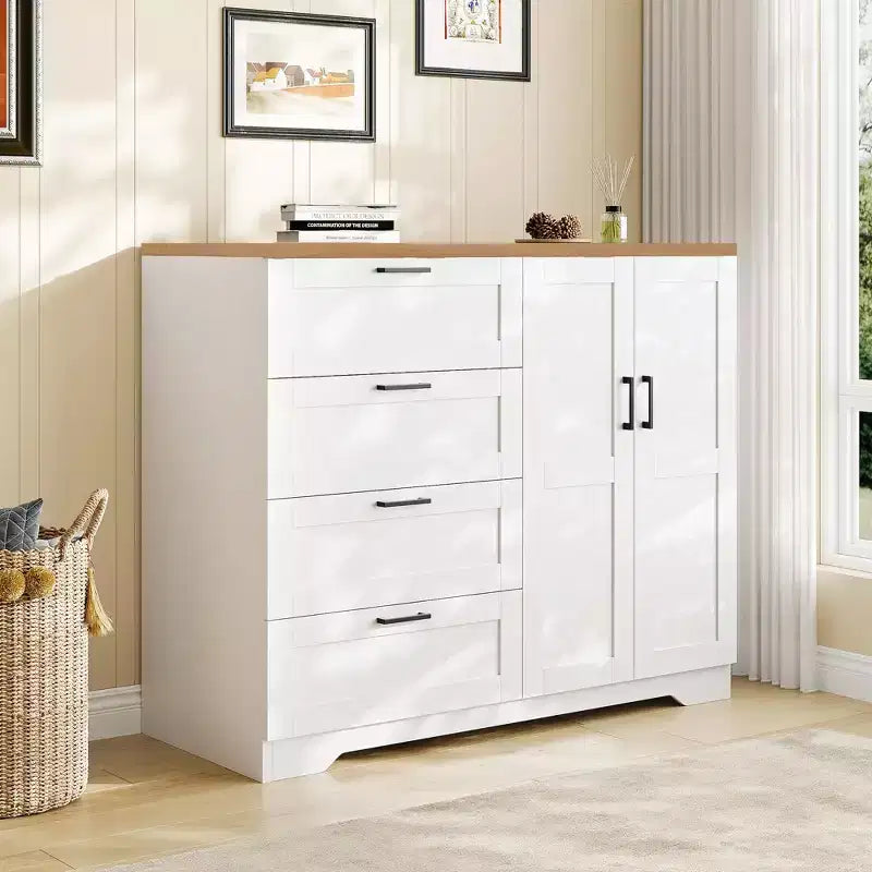 Armoire basse penderie de 43,3 po avec tringle de suspension et 4 tiroirs de rangement, organisateur de placard en bois autoportant à 2 portes pour chambre à coucher