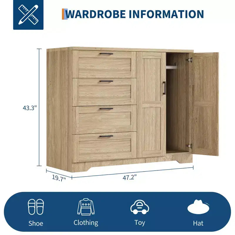 Armoire basse penderie de 43,3 po avec tringle de suspension et 4 tiroirs de rangement, organisateur de placard en bois autoportant à 2 portes pour chambre à coucher