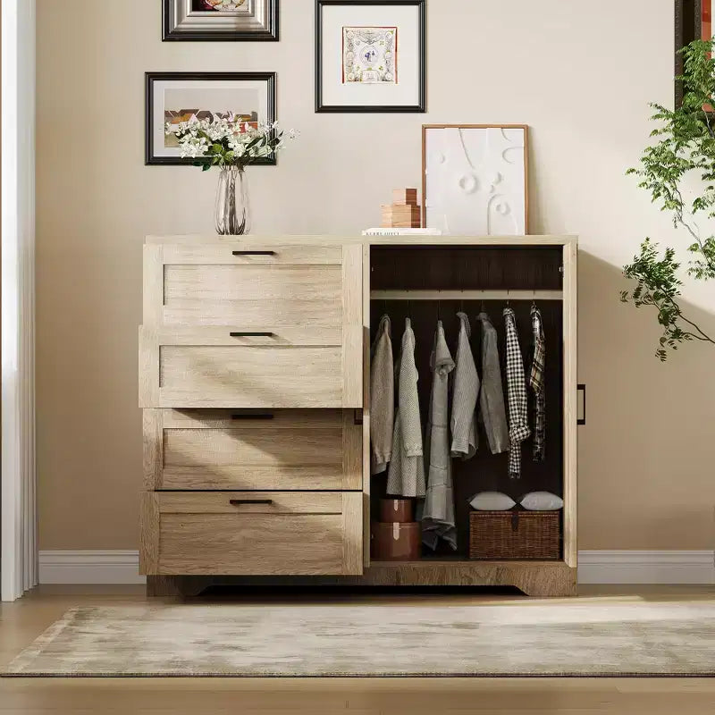 Armoire basse penderie de 43,3 po avec tringle de suspension et 4 tiroirs de rangement, organisateur de placard en bois autoportant à 2 portes pour chambre à coucher