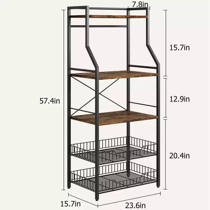 Étagère de rangement à 5 niveaux Style Industriel, Meuble de cuisine pour boulanger avec 2 paniers en fil et 8 crochets, Support micro-ondes et bar à café indépendant peu encombrant
