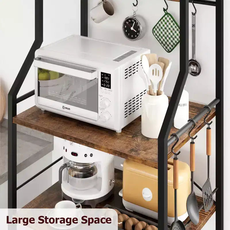 Étagère de rangement à 5 niveaux Style Industriel, Meuble de cuisine pour boulanger avec 2 paniers en fil et 8 crochets, Support micro-ondes et bar à café indépendant peu encombrant
