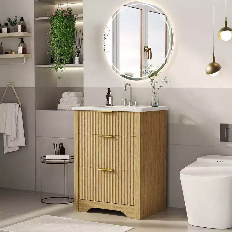 Modern Fluted Freestanding Bathroom Vanity with Basin - 2-Drawer Storage Cabinet with Turn-Down Drawer - Contemporary Wood Finish Set