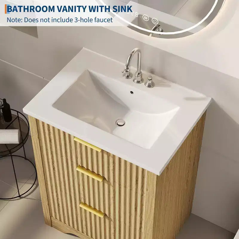 Meuble-lavabo autoportant à cannelures modernes avec vasque – Meuble de rangement à 2 tiroirs avec tiroir basculant – Finition en bois contemporain