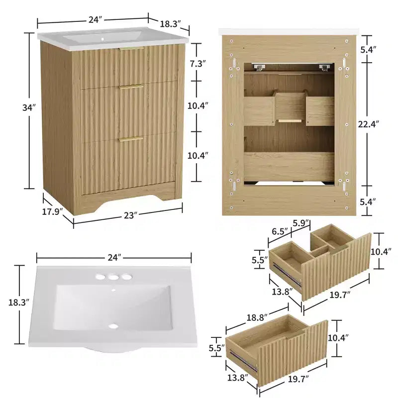 Meuble-lavabo autoportant à cannelures modernes avec vasque – Meuble de rangement à 2 tiroirs avec tiroir basculant – Finition en bois contemporain