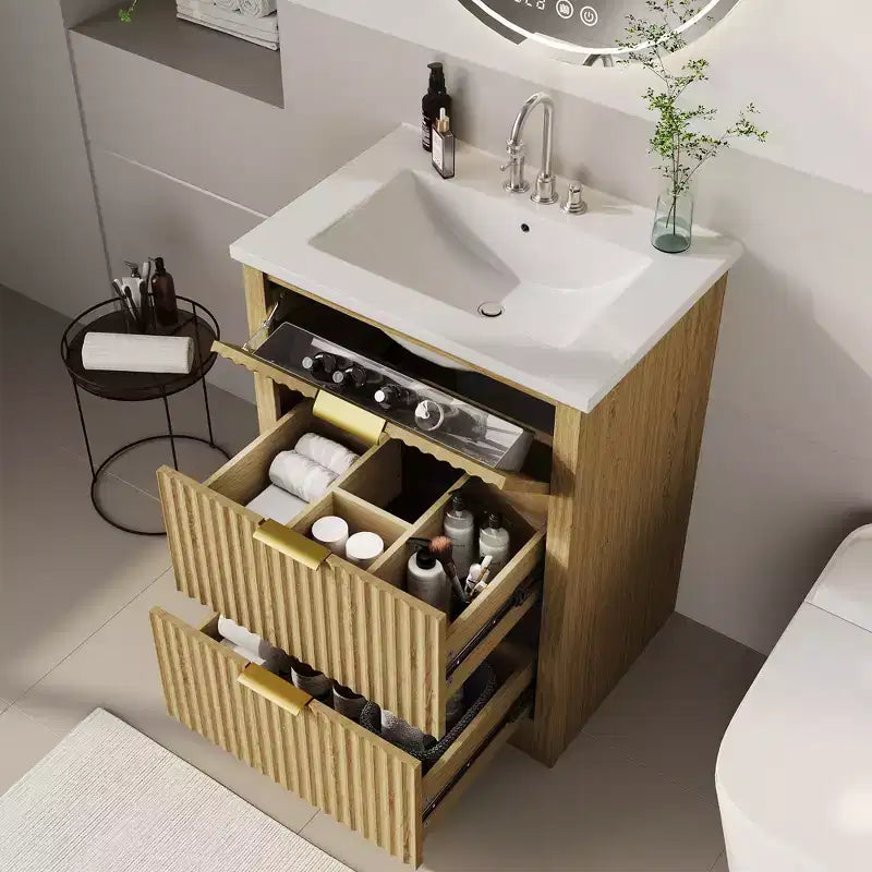 Meuble-lavabo autoportant à cannelures modernes avec vasque – Meuble de rangement à 2 tiroirs avec tiroir basculant – Finition en bois contemporain