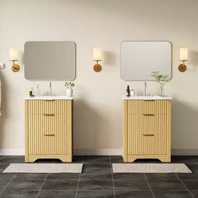 Meuble-lavabo autoportant à cannelures modernes avec vasque – Meuble de rangement à 2 tiroirs avec tiroir basculant – Finition en bois contemporain