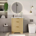 Meuble-lavabo autoportant à cannelures modernes avec vasque – Meuble de rangement à 2 tiroirs avec tiroir basculant – Finition en bois contemporain