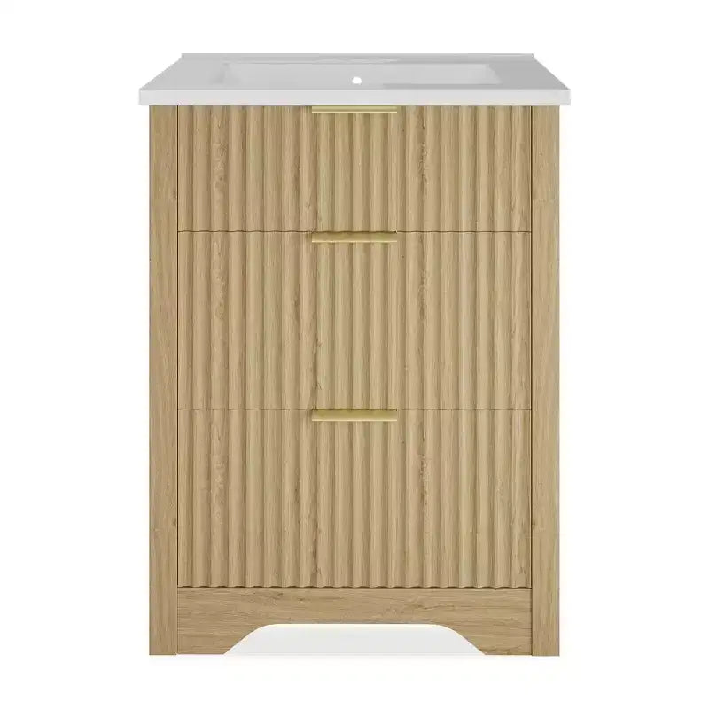 Meuble-lavabo autoportant à cannelures modernes avec vasque – Meuble de rangement à 2 tiroirs avec tiroir basculant – Finition en bois contemporain