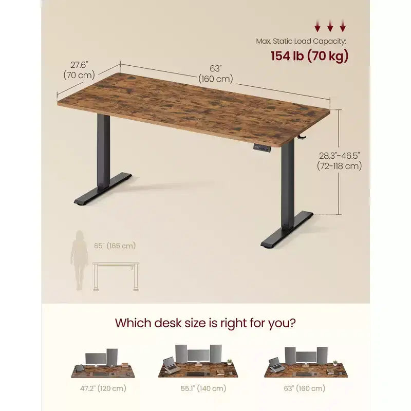 Bureau informatique électrique, bureau assis-debout, bureau à hauteur réglable, rappel de sédentarité, 160 x 70 cm, marron rustique