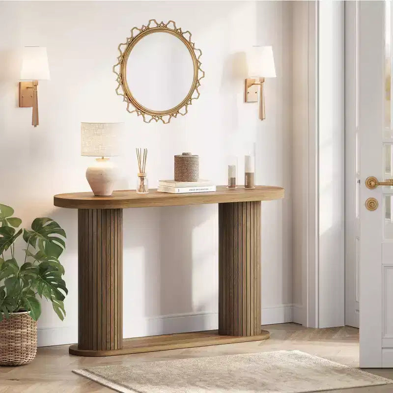 42,5" Table console en bois cannelé, Table d'appoint étroite pour canapé avec étagère de rangement derrière le canapé, Meuble de présentation moderne pour couloir et salon